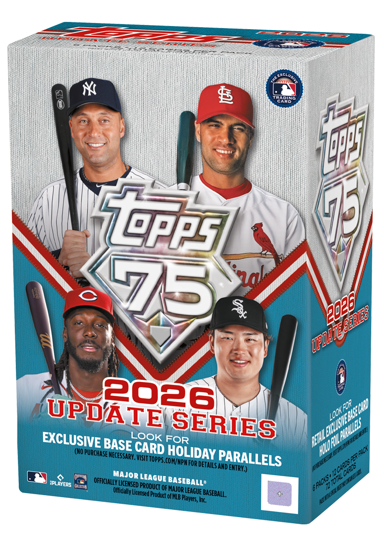 Official Topps packaging image of the 2026 Topps Update Series Baseball Value Box, with 6 packs of 12 cards.