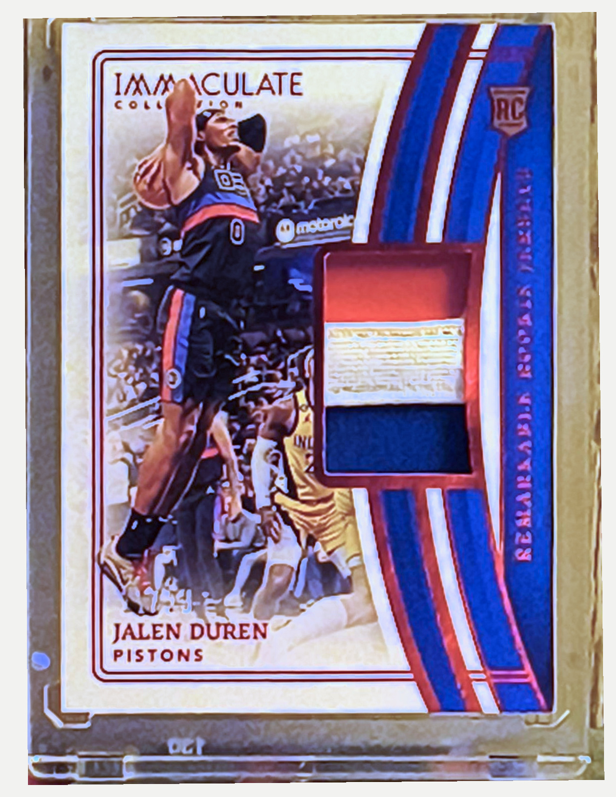 Front of the exact 2022–23 Immaculate Jalen Duren Remarkable Rookie Jerseys card numbered to 25, showing its multicolor memorabilia swatch.