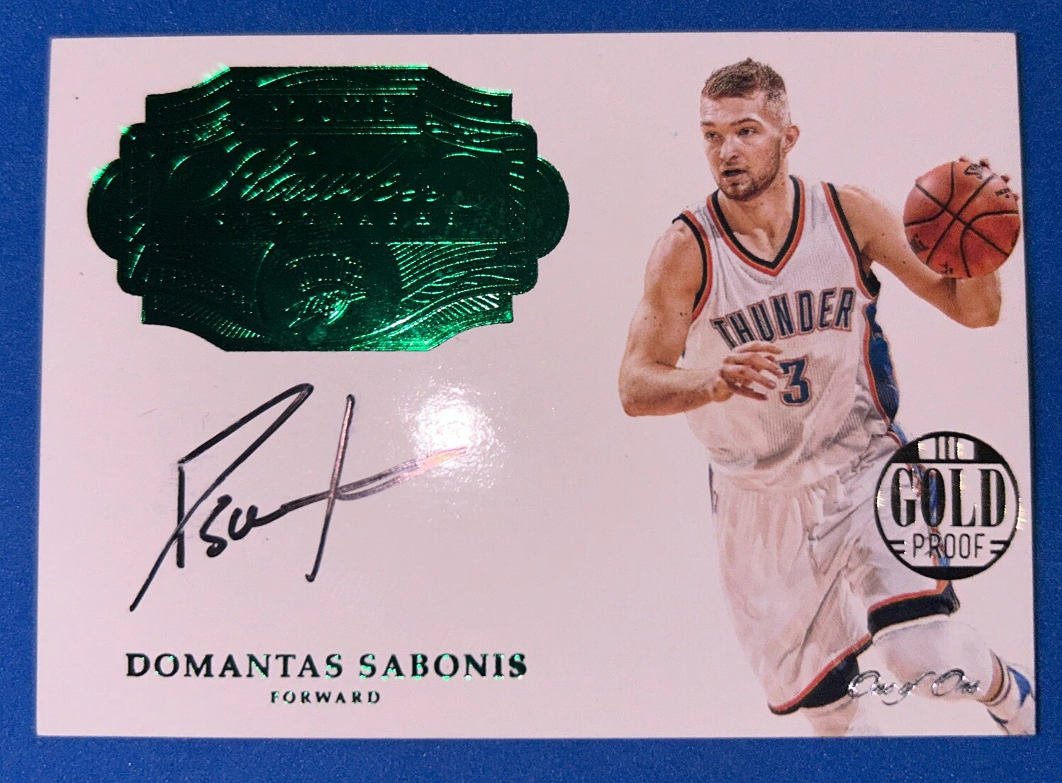Front of the 2016–17 Panini Flawless Domantas Sabonis rookie autograph Emerald Gold Proof card numbered 1/1.