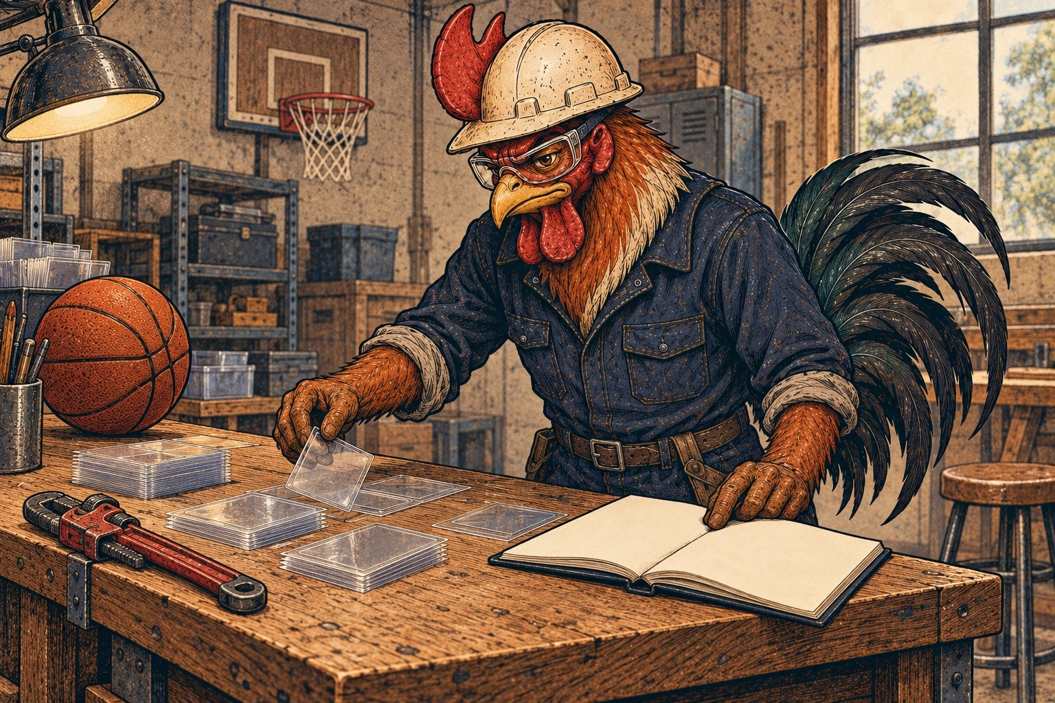 A russet-and-cream rooster wearing an off-white hard hat, safety glasses and navy coveralls sorts clear card sleeves beside a blank open notebook on a wooden workbench. A pipe wrench, basketball and wall-mounted hoop complete the workshop scene.