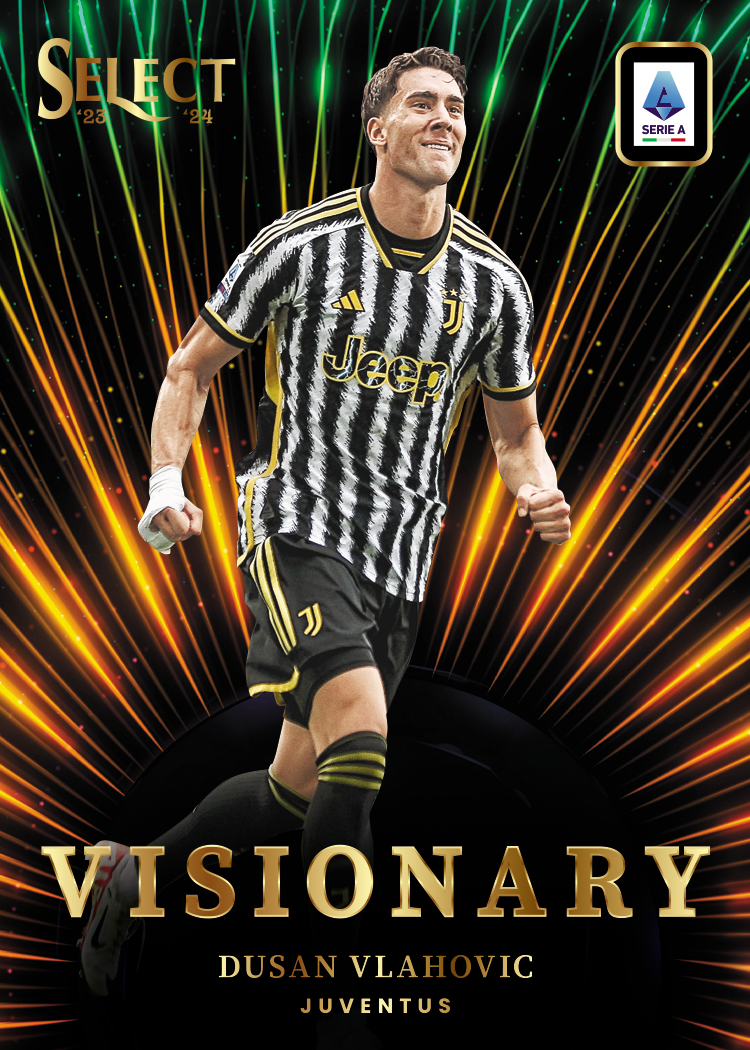 2023–24 Panini Select Serie A Visionary promotional card featuring Dušan Vlahović of Juventus, with gold lettering and green and orange light rays.