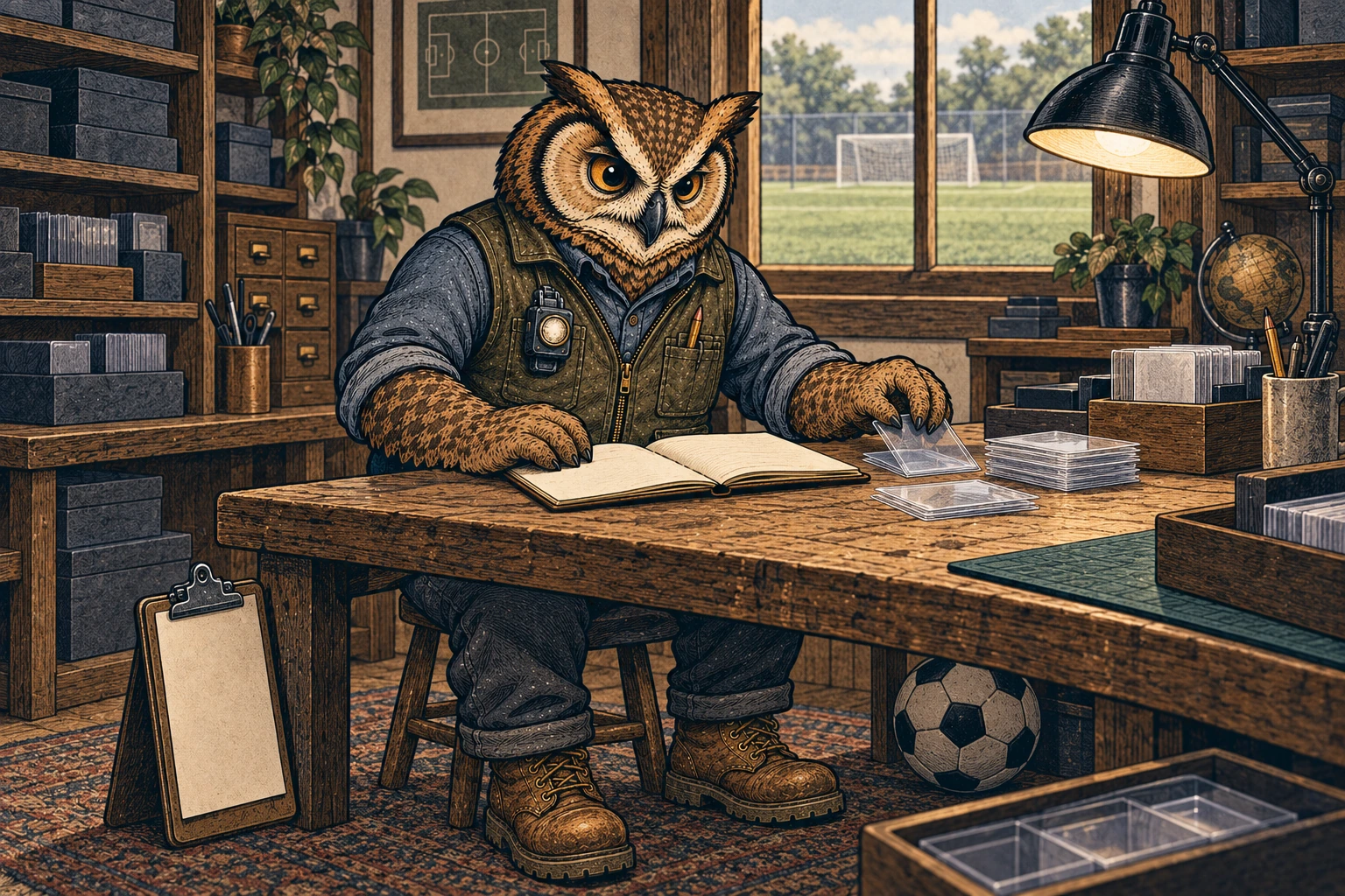 A tawny owl wearing an olive vest, slate shirt, dark trousers and work boots sorts clear card sleeves beside an open blank notebook at a wooden workbench. A soccer field is visible through the window, and a soccer ball rests beneath the table.