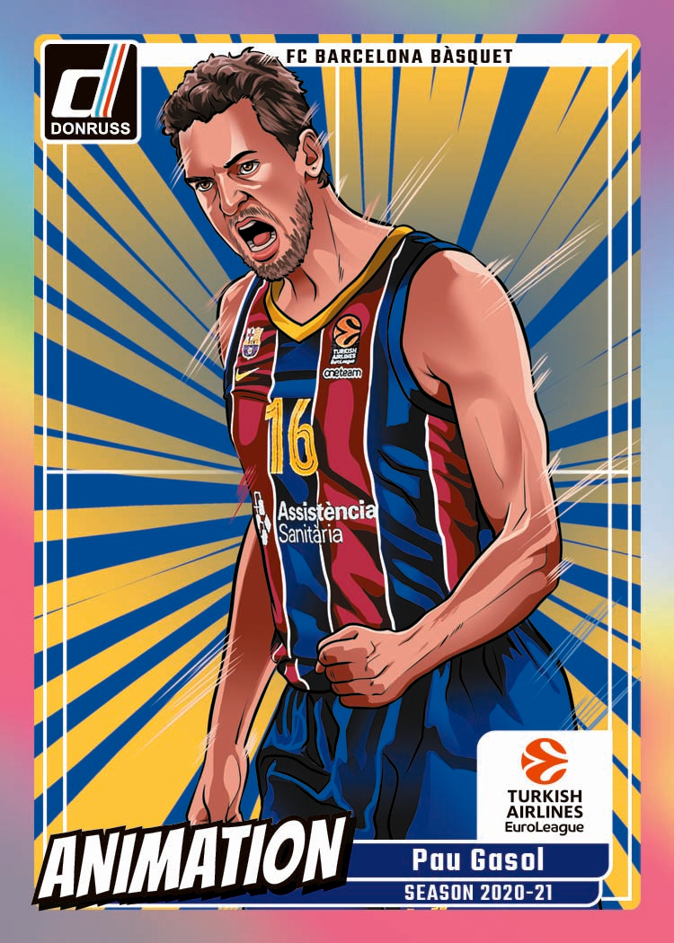 Pau Gasol Donruss Animation card in an FC Barcelona Bàsquet uniform, with blue-and-yellow rays and a printed Season 2020–21 label.