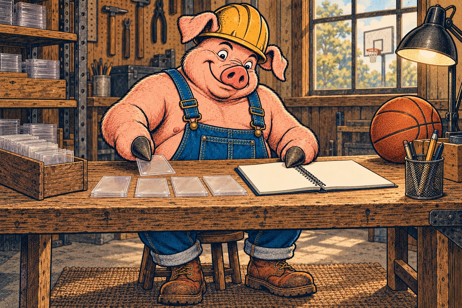 Hammy, a broad pink pig in a yellow hardhat, shirtless indigo bib overalls and brown work boots, sorts empty card sleeves at a wooden workbench beside a blank spiral notebook and a basketball.