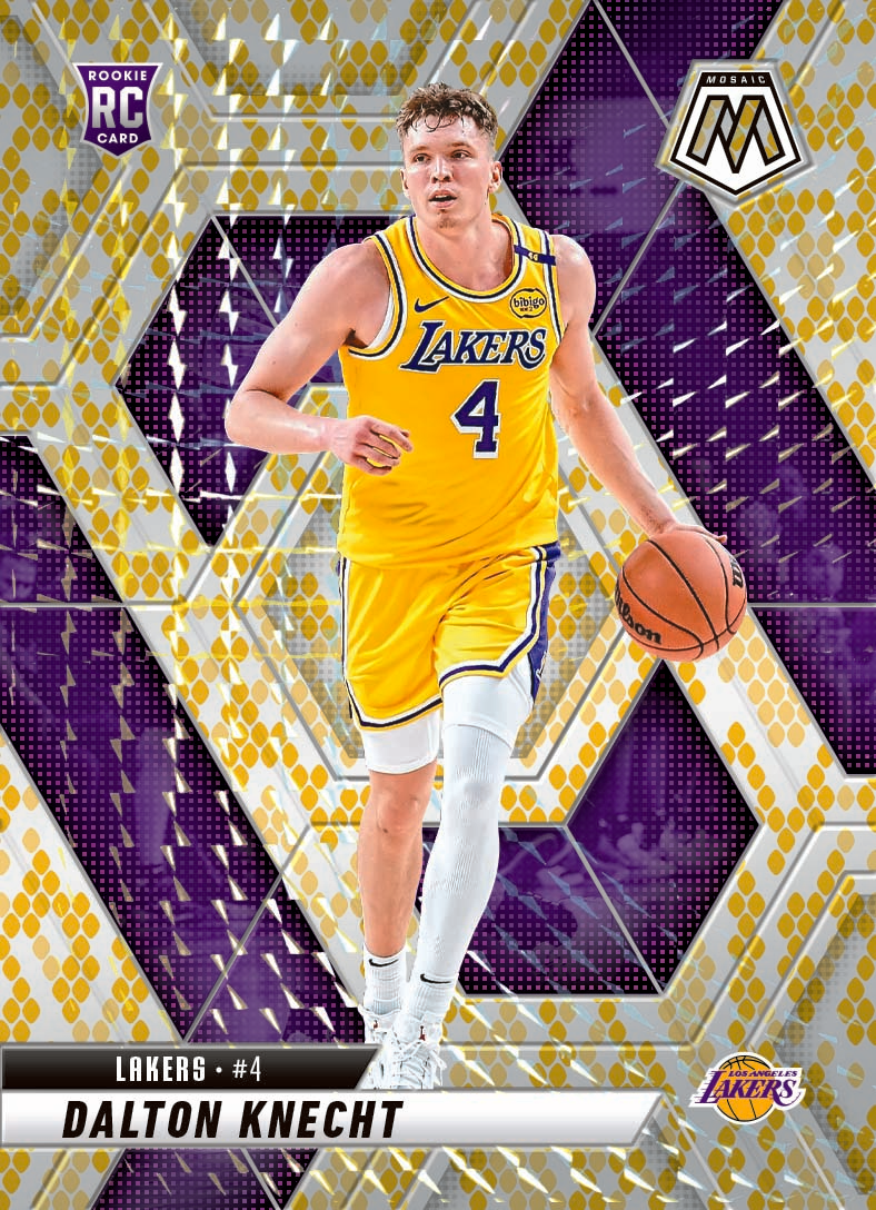 Dalton Knecht Mosaic rookie basketball card showing him in a yellow Los Angeles Lakers number 4 uniform, with gold and purple geometric detailing.