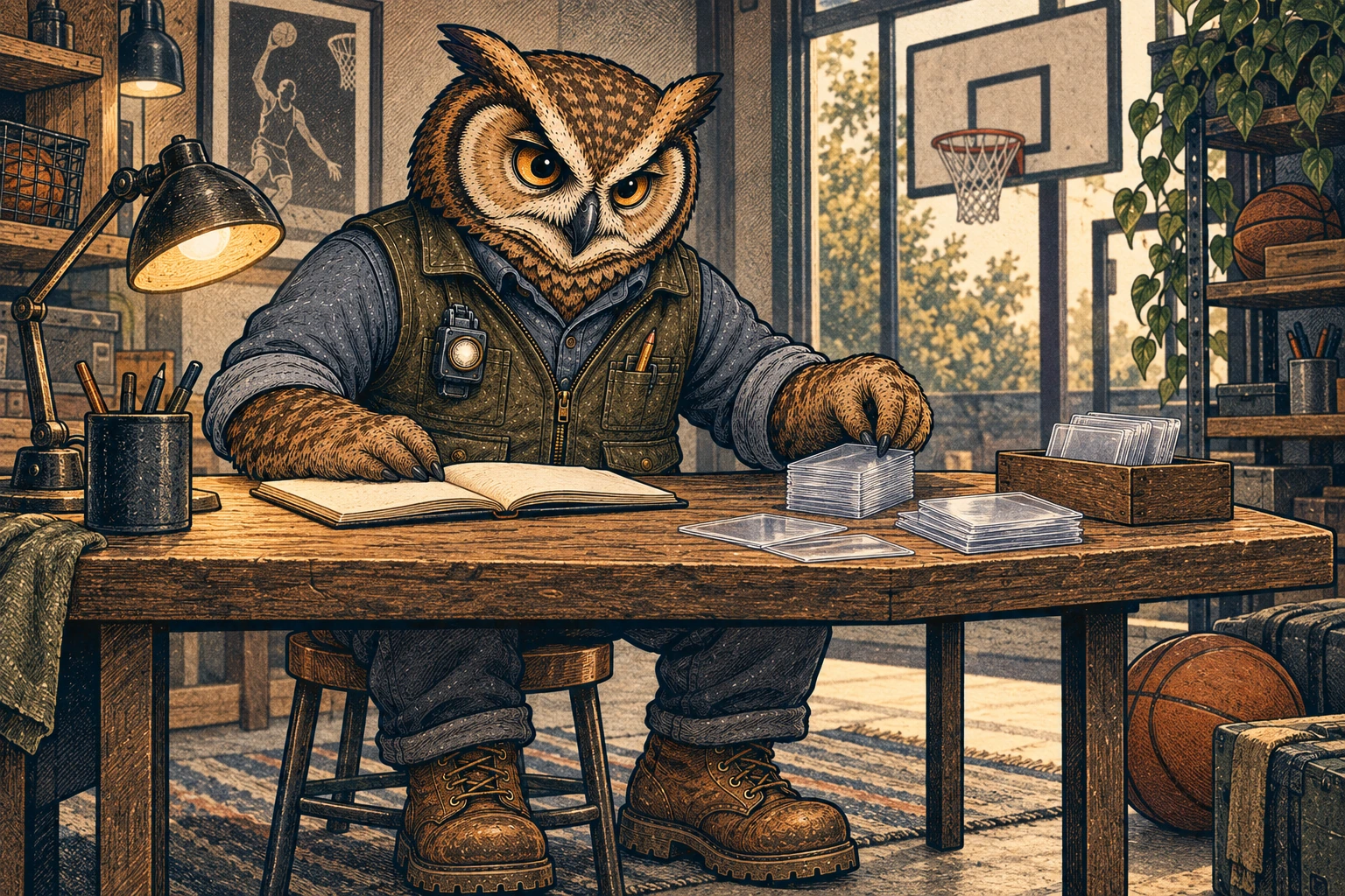 A tawny, charcoal-mottled owl in an olive vest, slate shirt, work trousers and brown boots sits at a wooden workbench, sorting clear card sleeves beside a blank open notebook. Basketballs, a hoop, shelves and warm lamps fill the workshop setting.