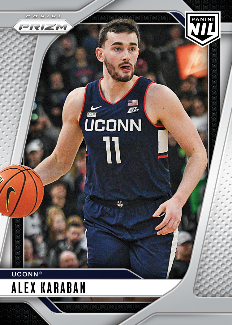 Panini Prizm NIL Alex Karaban card showing a player in a navy UConn number 11 uniform holding a basketball, with the full silver-and-black card border visible.