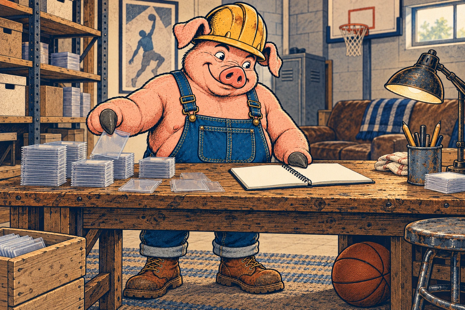 Hammy, a broad pink pig wearing a scuffed yellow hardhat, indigo denim bib overalls and brown work boots, sorts clear card sleeves beside a blank spiral notebook on a wooden workbench. A basketball, hoop and player silhouette suggest a basketball collector’s workspace.