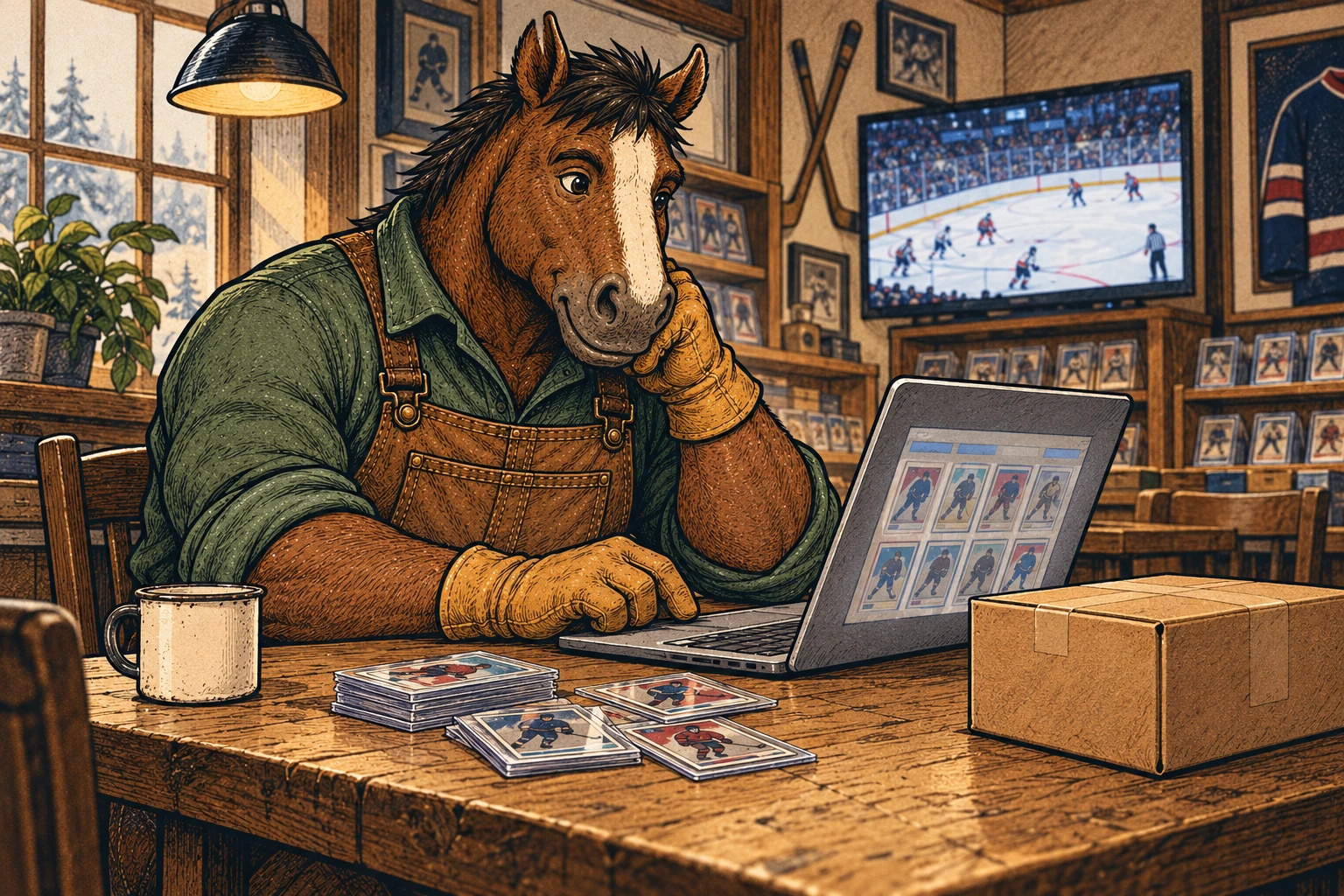 Clyde studies hockey cards on a laptop at the shop table, with sleeved cards and a small shipping box nearby.