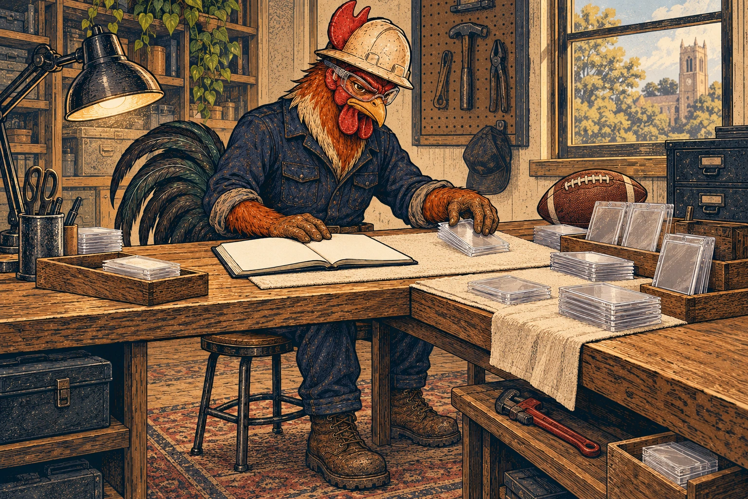 Vintage-style illustration of a russet-and-cream rooster wearing an off-white hard hat, safety glasses, navy coveralls and brown work boots at a wooden collector’s workbench. He sorts clear card sleeves beside an open blank notebook, with a football nearby and a pipe wrench on a lower shelf.