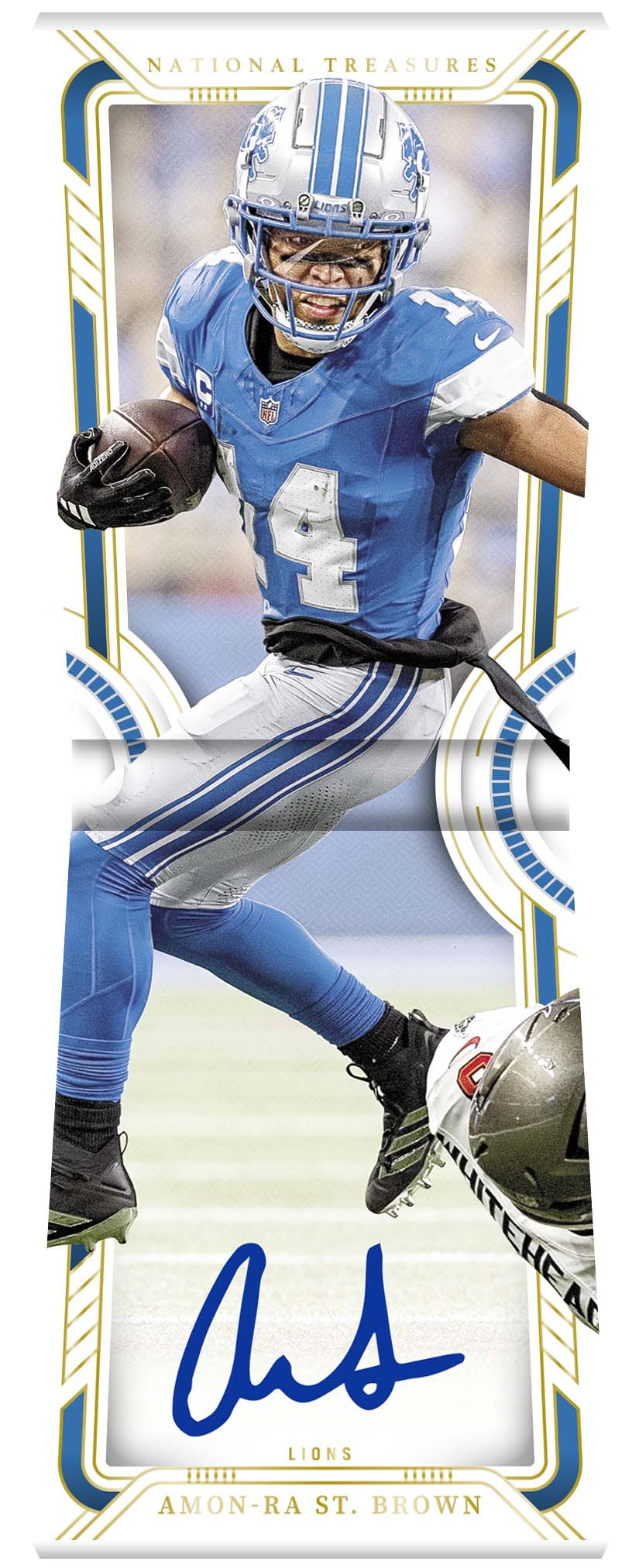 National Treasures football card featuring Detroit Lions receiver Amon-Ra St. Brown carrying the ball, with a blue autograph and white, blue and gold border.