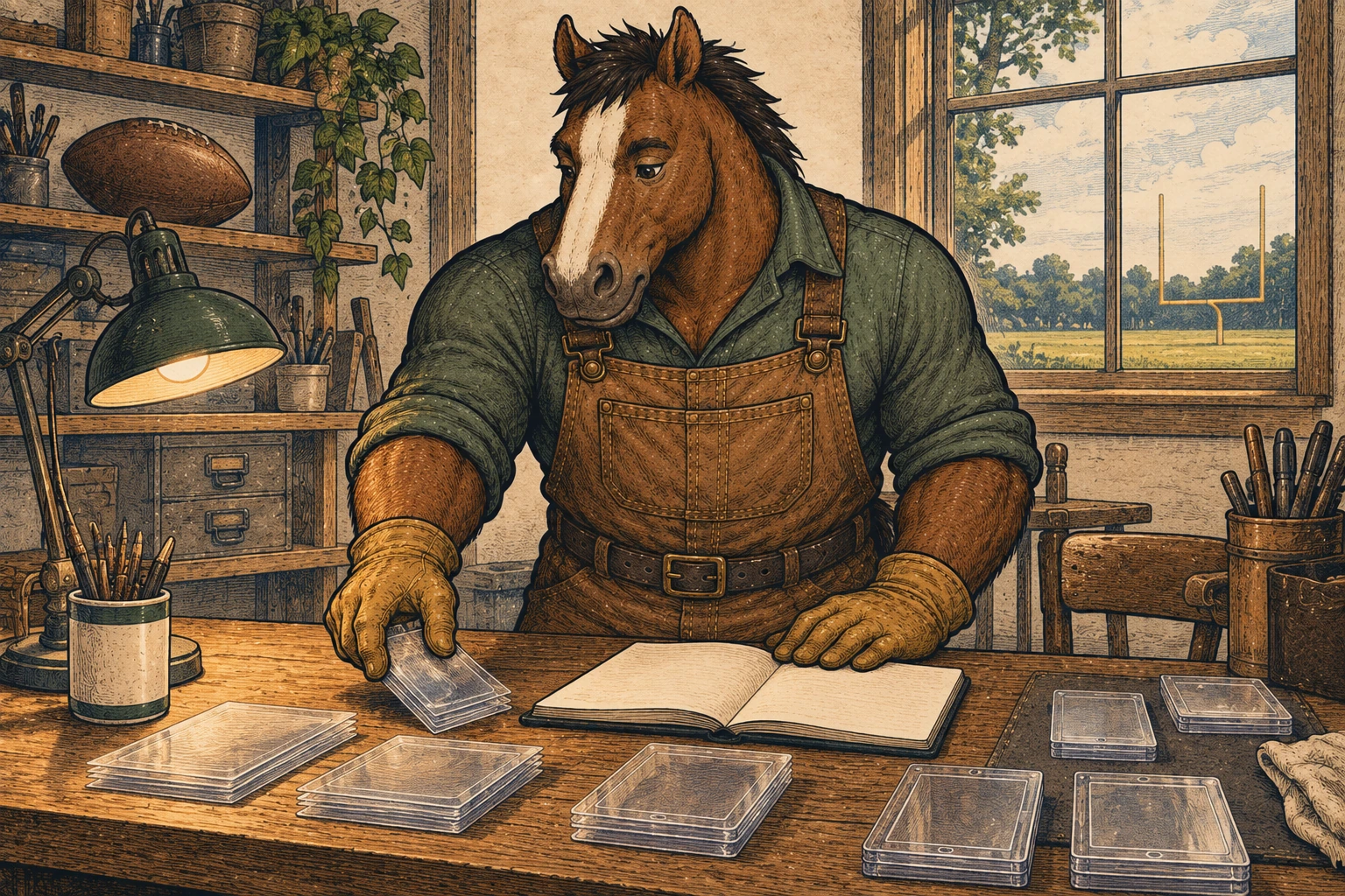 A broad bay horse with a cream blaze, wearing a forest-green shirt, tobacco canvas bib trousers and work gloves, sorts clear card sleeves beside a blank open notebook at a wooden workbench. A football rests on a shelf, and goalposts are visible through the window.