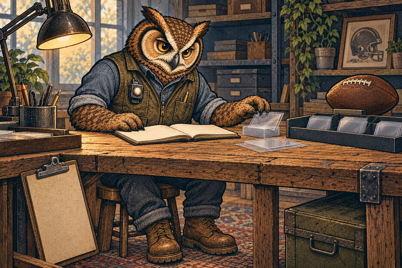 A tawny owl in an olive work vest, slate shirt, dark trousers and brown boots sits at a wooden collector’s workbench, sorting clear card sleeves beside a blank open notebook. A football and framed helmet illustration suggest the sport, while a lamp, storage boxes, plants and a blank clipboard furnish the workshop.