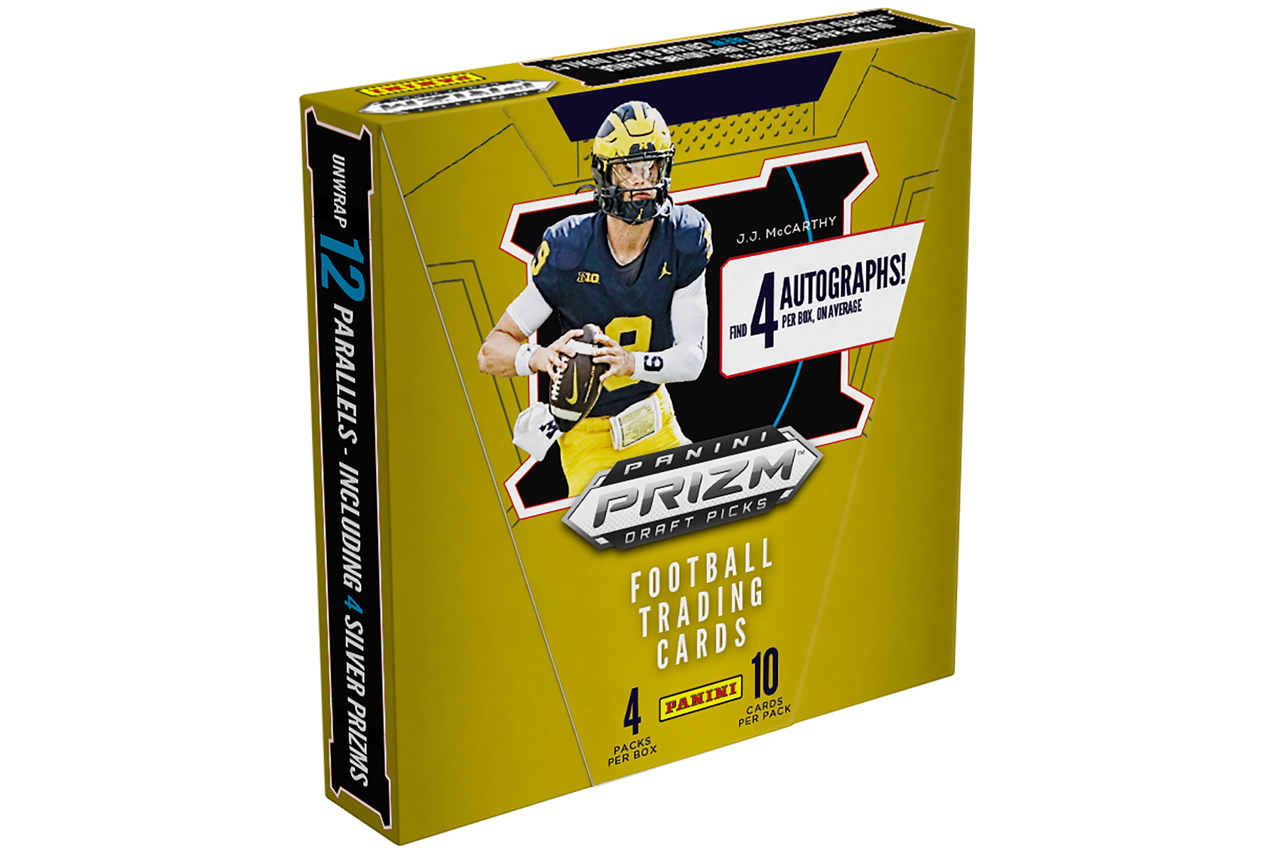 2024 Panini Prizm Draft Picks Collegiate Football Hobby box featuring J.J. McCarthy, with four packs and 10 cards per pack.