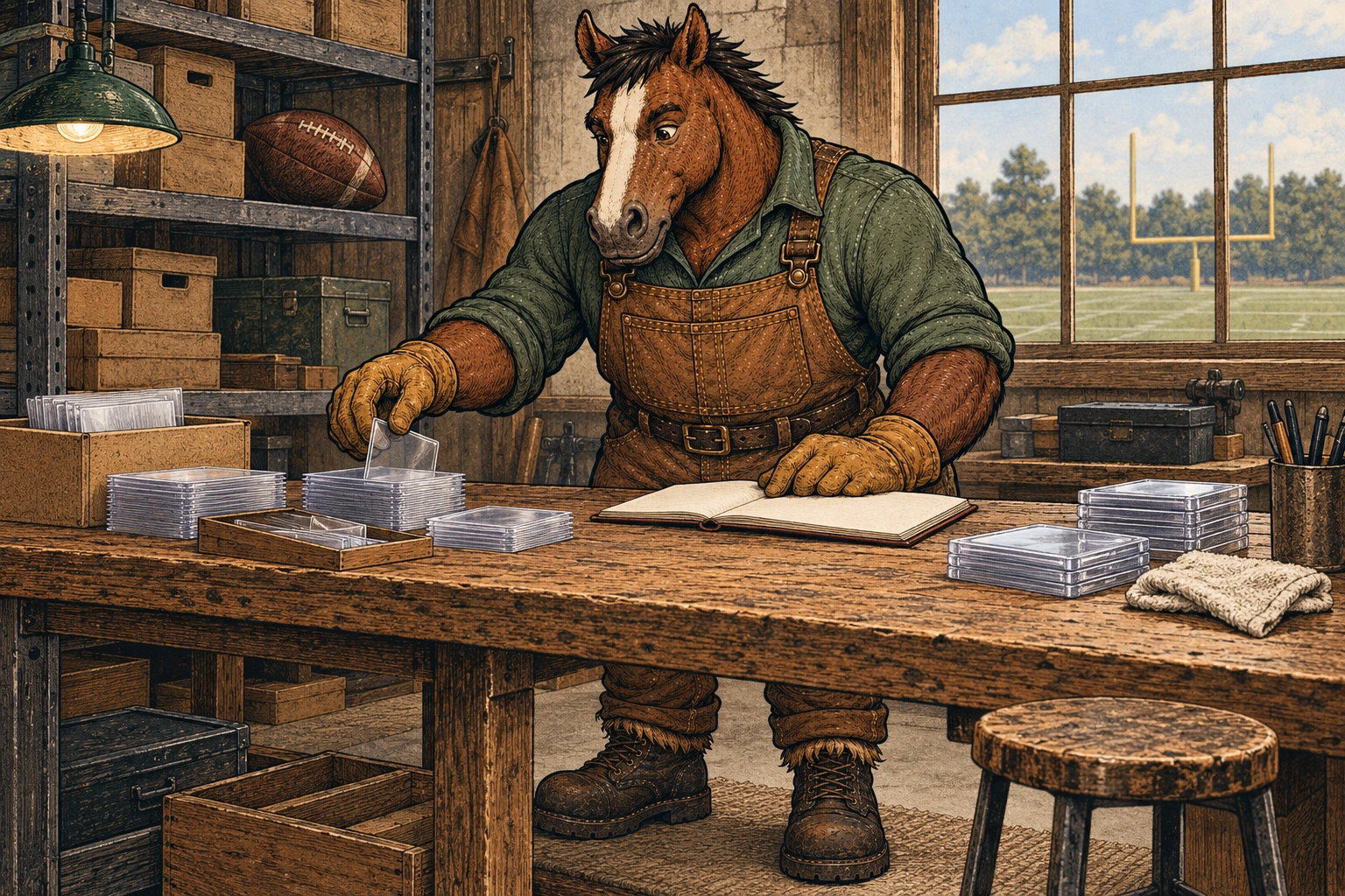 A broad, dark bay horse with a cream blaze, forest-green shirt, tobacco canvas bib trousers, gloves and work boots sorts clear card sleeves beside an open blank notebook at a wooden workbench. A football rests on warehouse shelving, and a football field is visible through the window.