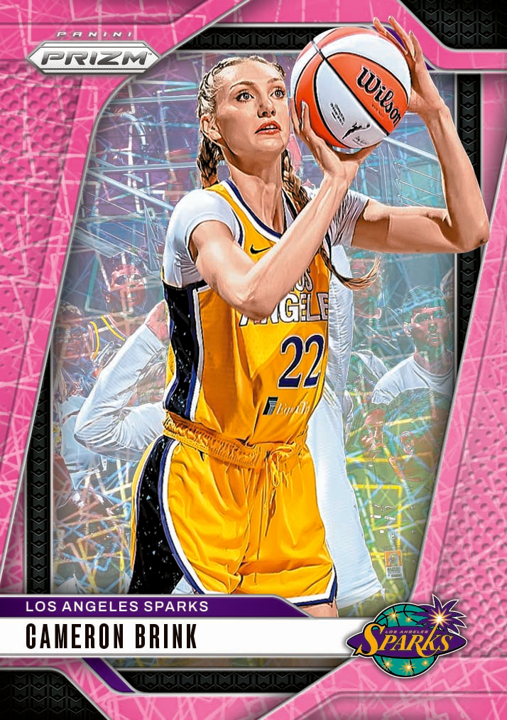Cameron Brink Los Angeles Sparks No. 22 Panini Prizm WNBA card with a pink patterned border, pictured preparing to shoot a basketball.