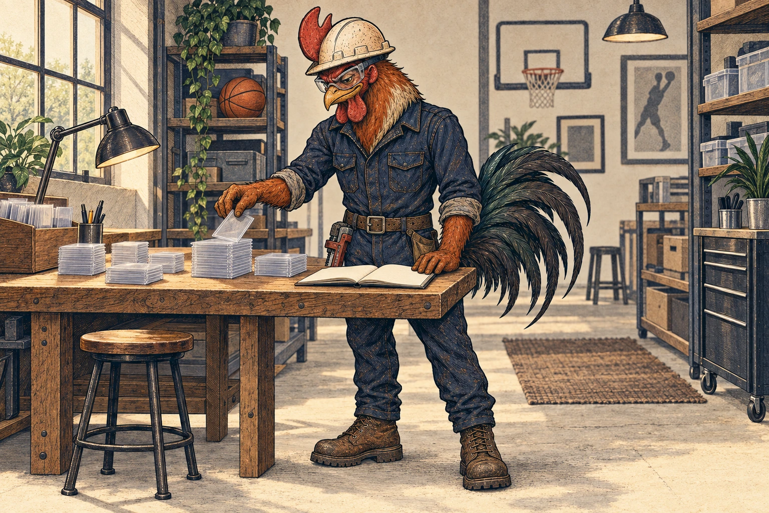 A russet-and-cream rooster wearing an off-white hard hat, safety glasses, navy coveralls and brown work boots sorts clear card sleeves beside a blank open notebook at a wooden workbench. A pipe wrench hangs at his hip, while a basketball and wall-mounted hoop establish the workshop’s basketball theme.