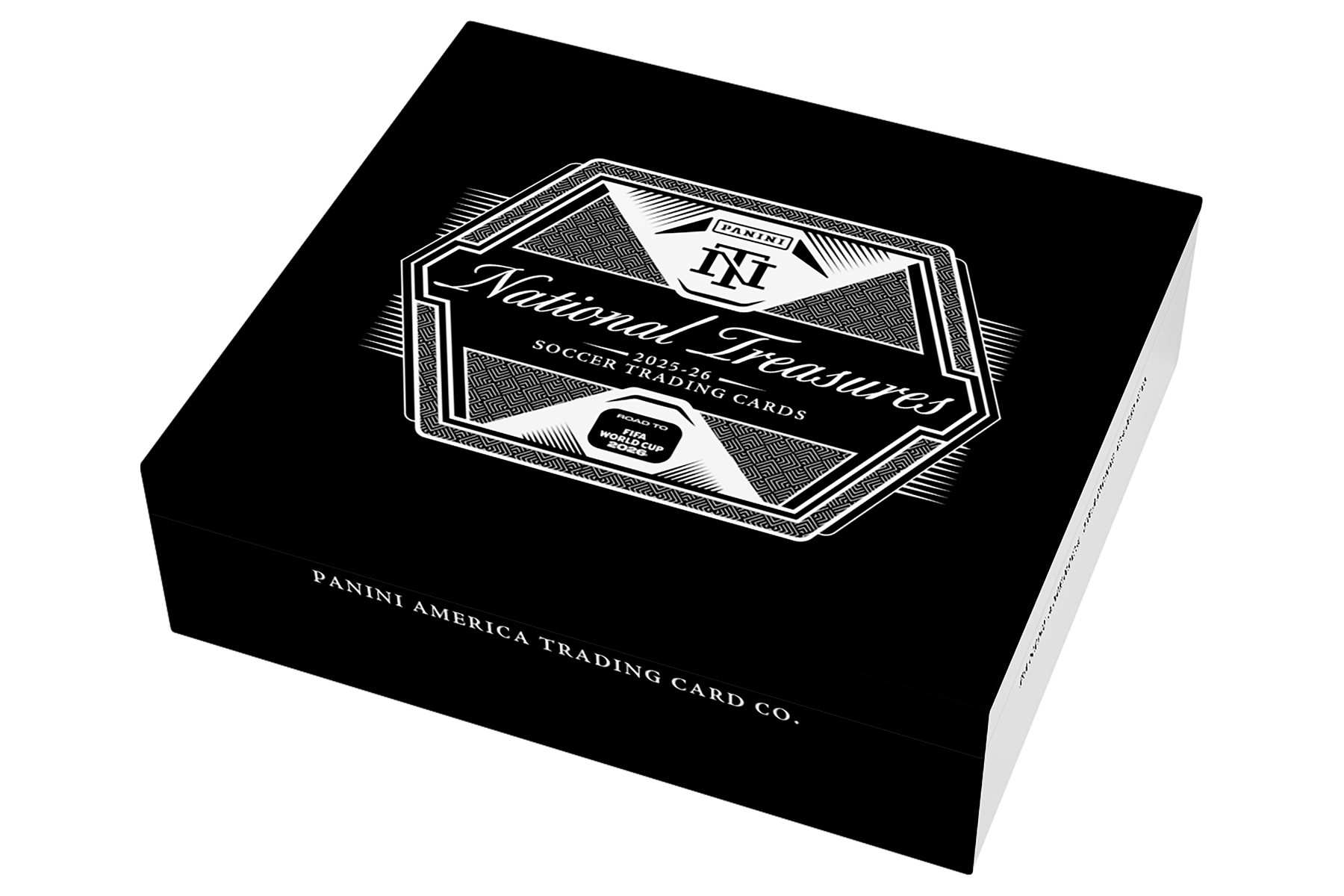Black 2025–26 Panini National Treasures soccer Hobby box with white lettering and Road to FIFA World Cup 2026 branding, shown at an angle.