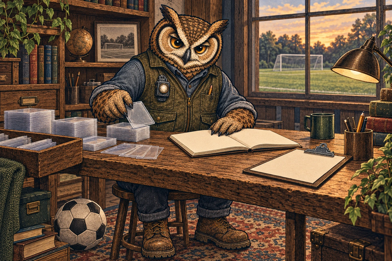 A tawny owl in an olive vest, slate shirt, work trousers and boots sorts clear card sleeves beside a blank notebook at a wooden workbench. A soccer ball rests below, and a soccer goal is visible through the window.