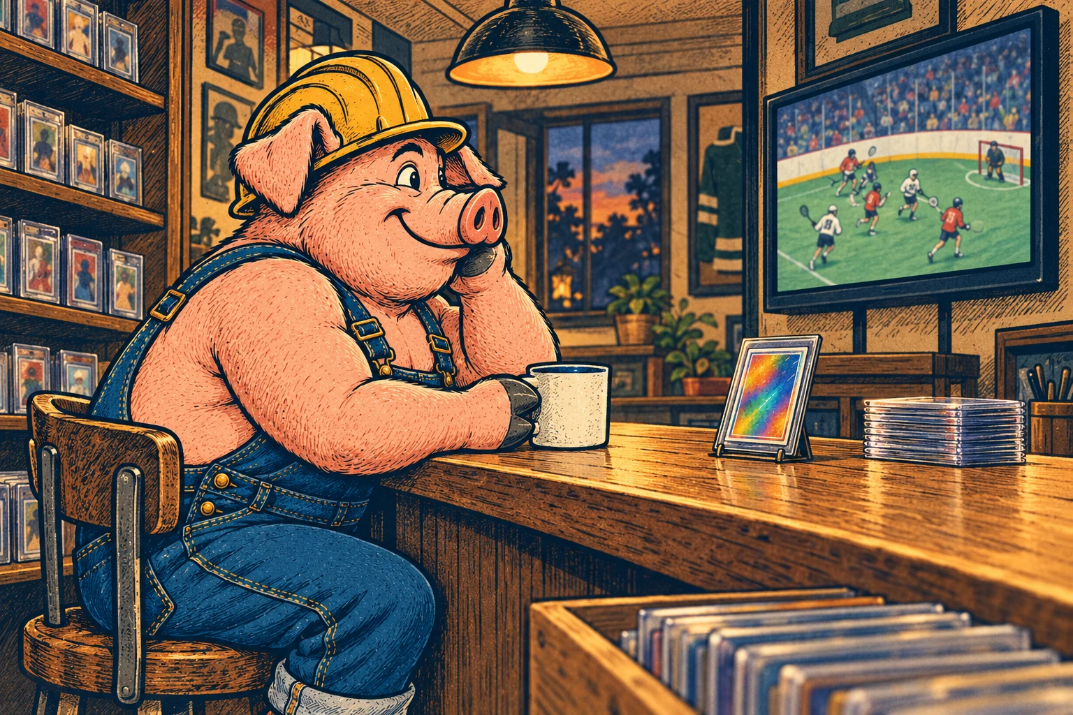 Hammy watching box lacrosse on the card-shop television with a mug and a protected card nearby.