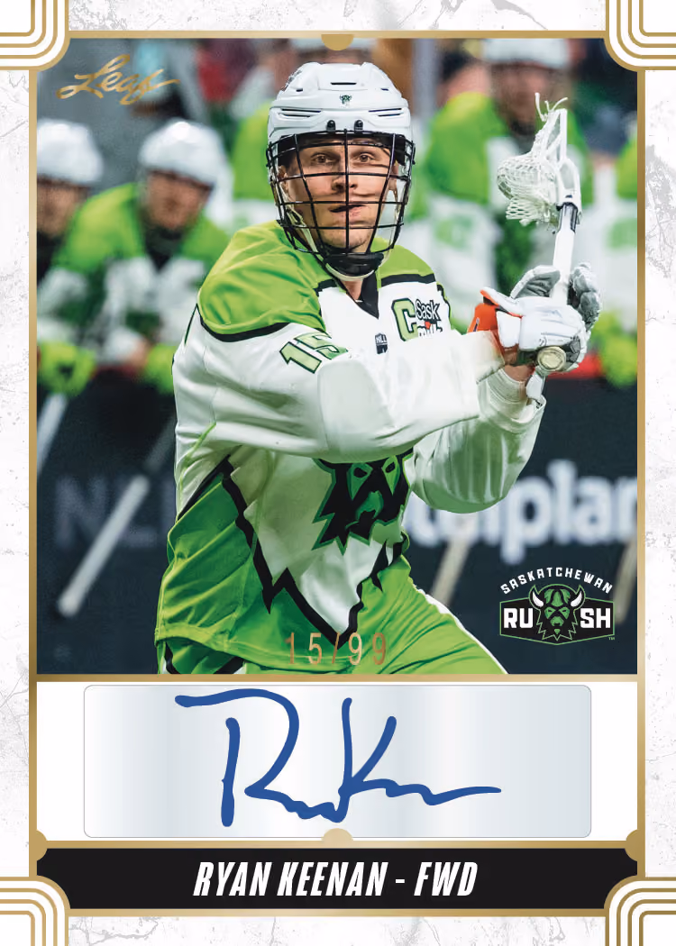Ryan Keenan forward autograph preview from 2025–26 Leaf NLL, pictured numbered 15/99.