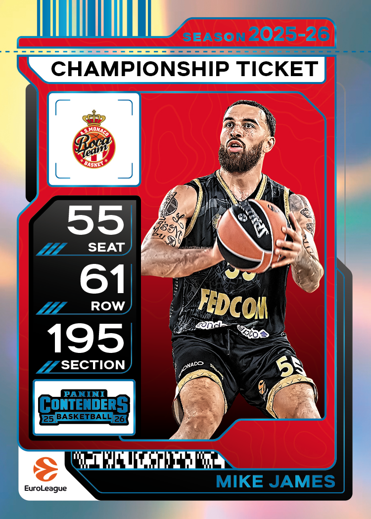 2025-26 Panini Contenders EuroLeague Mike James Championship Ticket basketball card featuring him in an AS Monaco uniform holding a basketball.