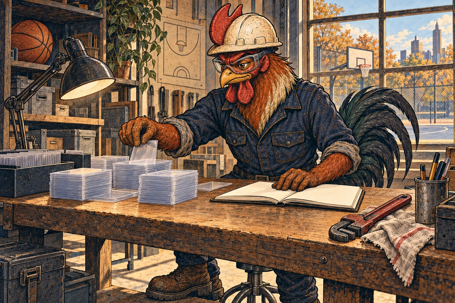 A russet-and-cream rooster wearing an off-white hard hat, safety glasses, navy coveralls and work boots sorts clear card sleeves at a wooden workbench beside a blank open notebook. A pipe wrench rests nearby, and basketballs, court diagrams and an outdoor hoop establish the basketball setting.