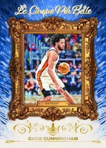 Cade Cunningham pictured inside an ornate gold frame on a blue and cream Le Cinque Piu Belle card.
