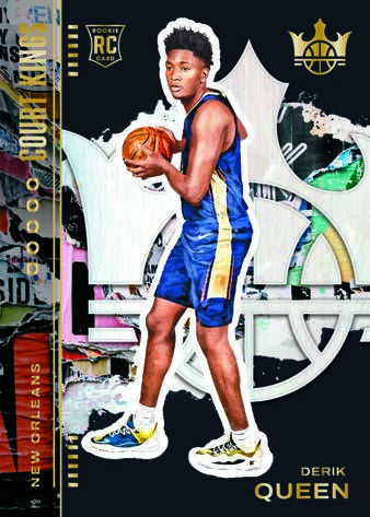Derik Queen Base Obsidian card with a dark background, white abstract shapes and a blue uniform.