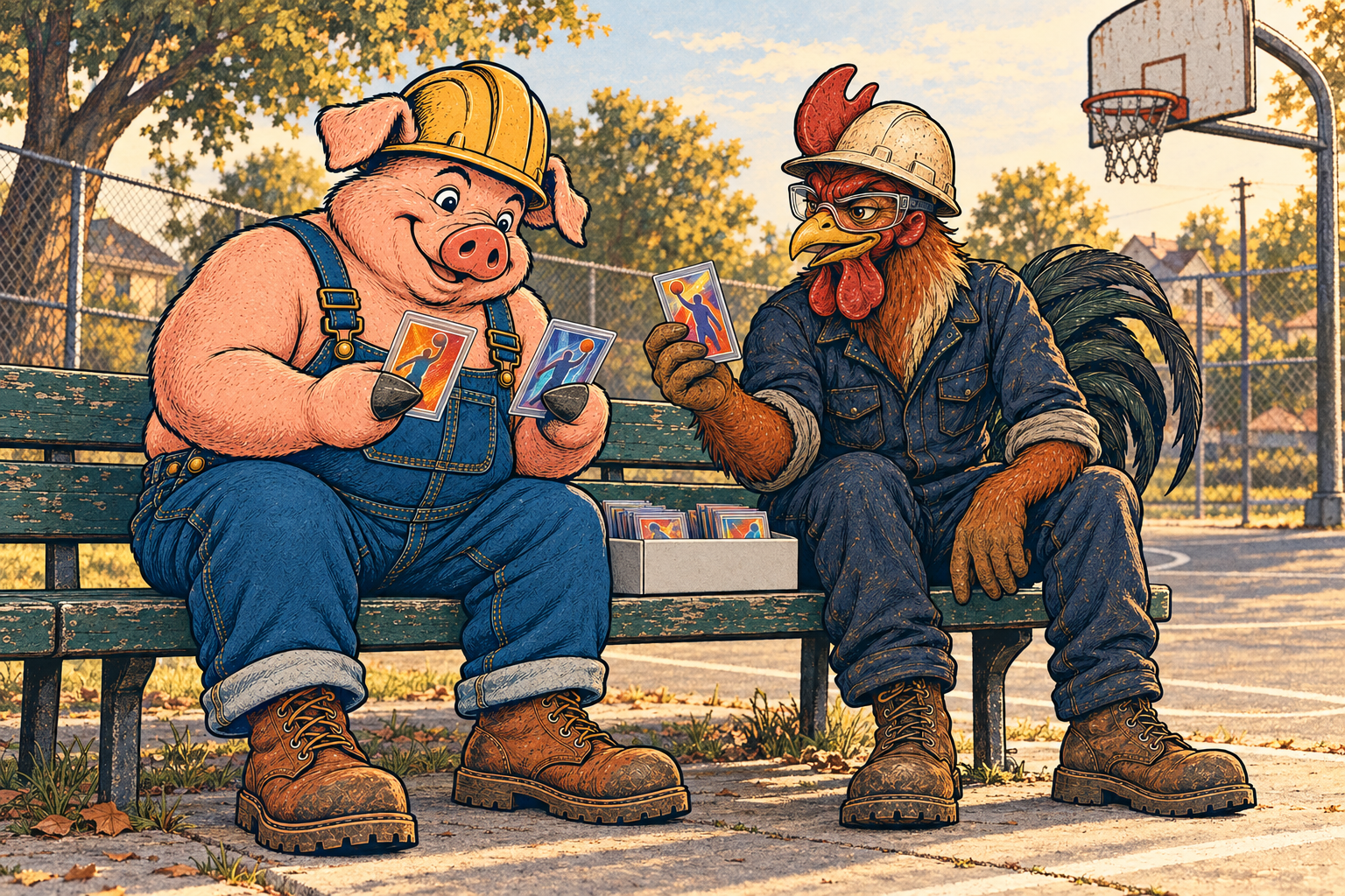 Hammy and Riggs sitting on a bench beside a neighborhood basketball court, comparing sleeved cards.