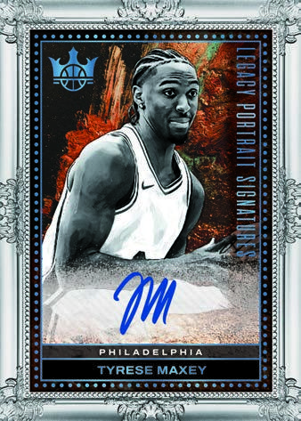 Tyrese Maxey Legacy Portrait Signatures Masterpiece with a monochrome portrait, orange paint and blue signature inside a silver frame.