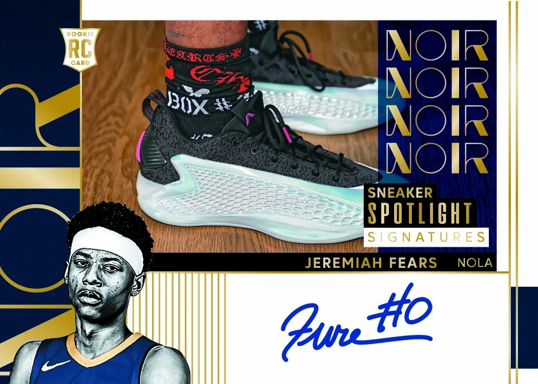 Jeremiah Fears' 2025–26 Noir Sneaker Spotlight Signatures preview, featuring a large shoe photograph and a blue autograph.