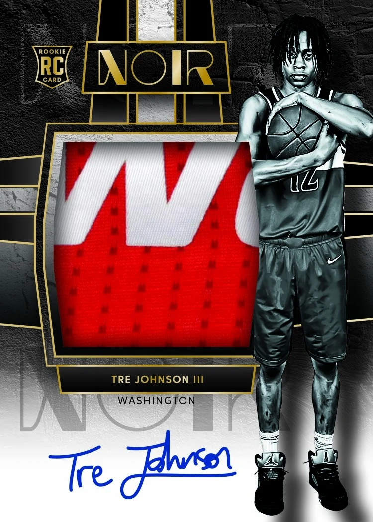 Tre Johnson III's 2025–26 Noir Rookie Patch Autographs Black and White manufacturer preview.