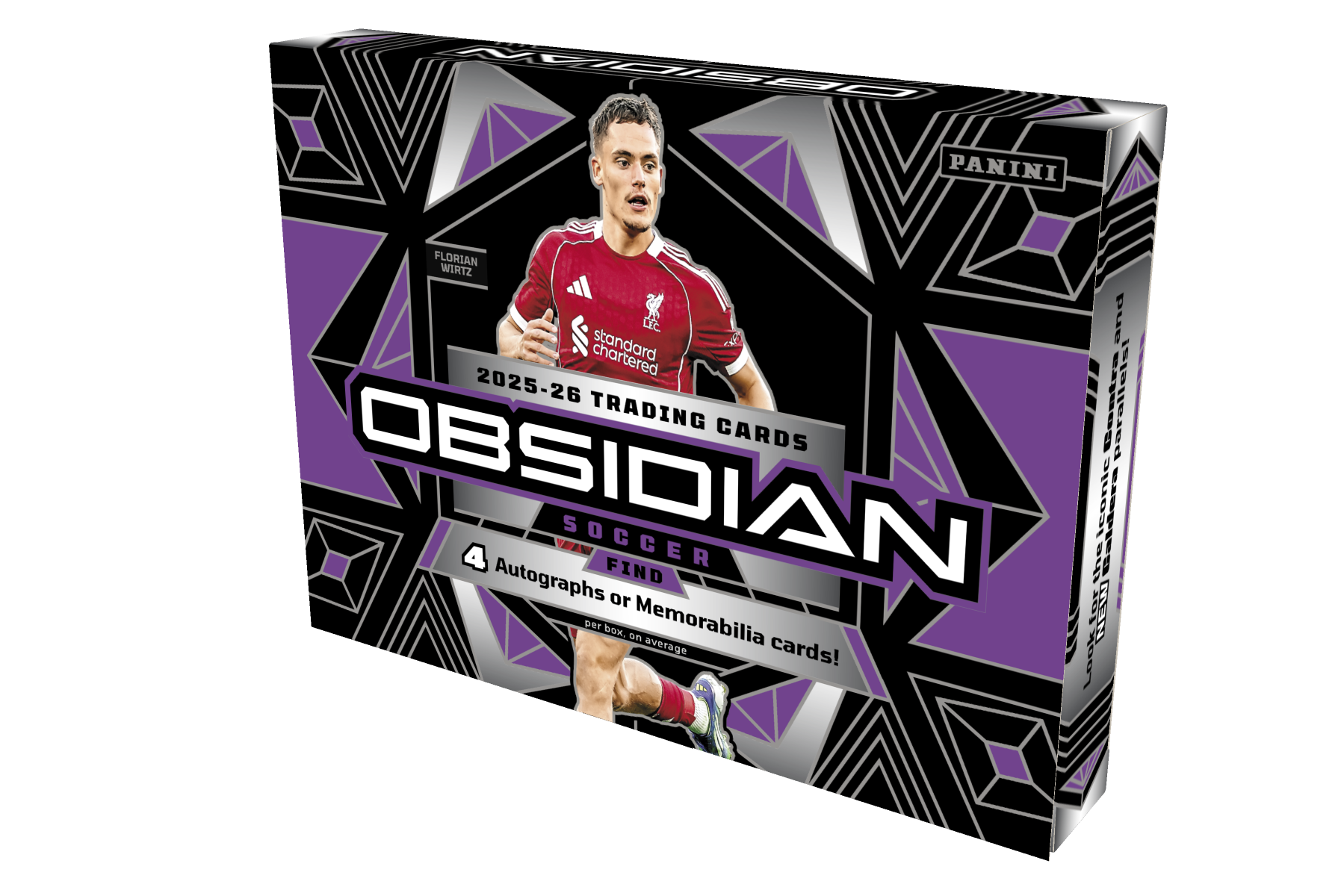 Front and right side of a 2025–26 Panini Obsidian Soccer Hobby box, with Florian Wirtz pictured on black, purple, and silver packaging. The box advertises four autographs or memorabilia cards per box, on average.