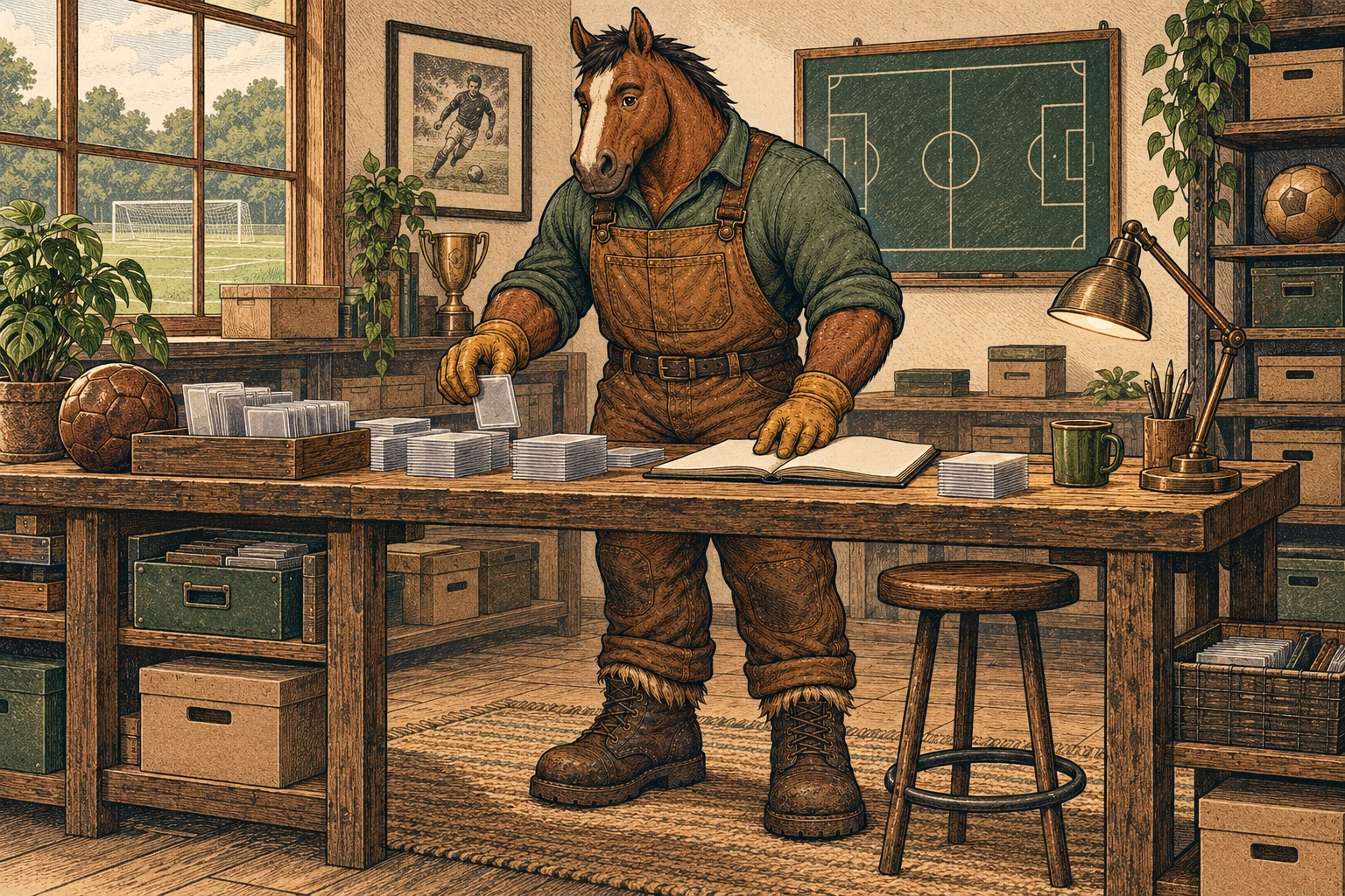 Vintage-style illustration of a broad bay draft horse in a forest-green work shirt, tobacco-brown bib overalls, gloves, and work boots, sorting cards at a wooden workbench beside a blank notebook. Stacks of plain cards and sleeves, a soccer ball, and a chalkboard soccer field suggest a collector’s workspace. No visible text, logos, or watermark.
