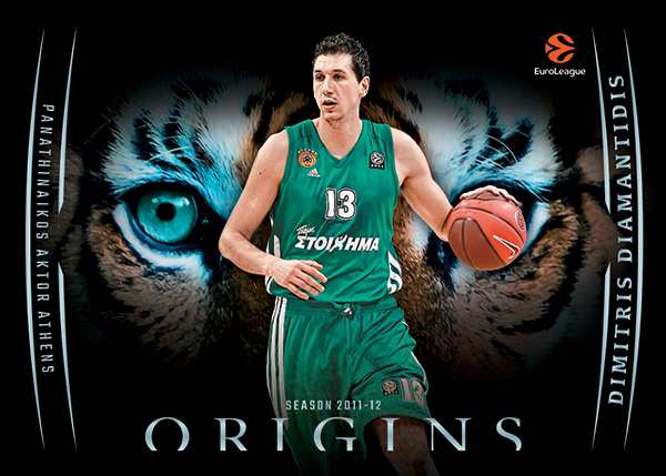 Dimitris Diamantidis in a green Panathinaikos uniform on the dark Tiger Eyes design, with turquoise eyes behind him.