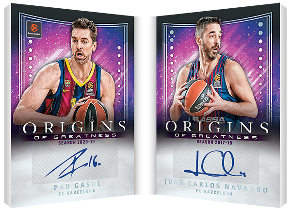 Pau Gasol and Juan Carlos Navarro on separate Barcelona panels of an open Origins of Greatness autograph booklet.