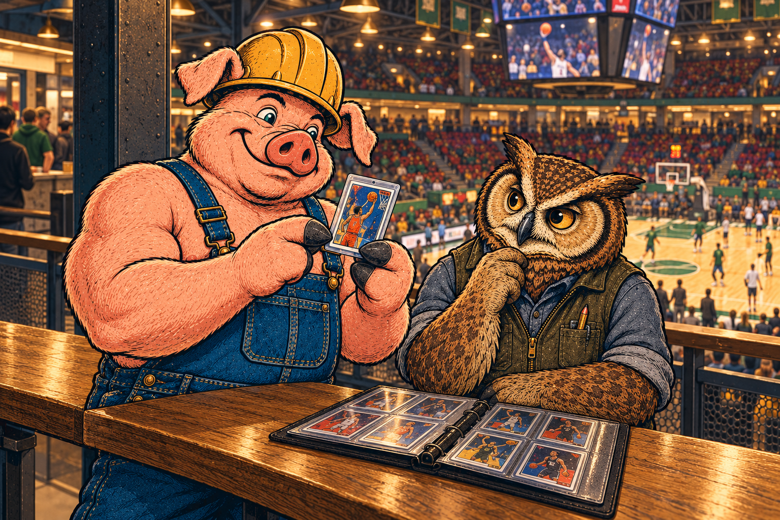 Hammy and Lemmy examine a protected fictional basketball card beside an open binder at an arena concourse.