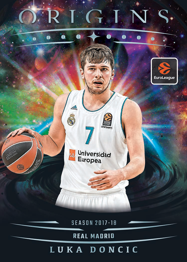 Luka Doncic in a white Real Madrid uniform against the multicolored Origins base-card background, with season 2017–18 printed below him.