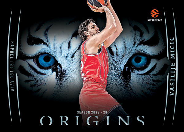 Vasilije Micic in red on White Tiger Eyes, with pale tiger fur and blue eyes behind him.