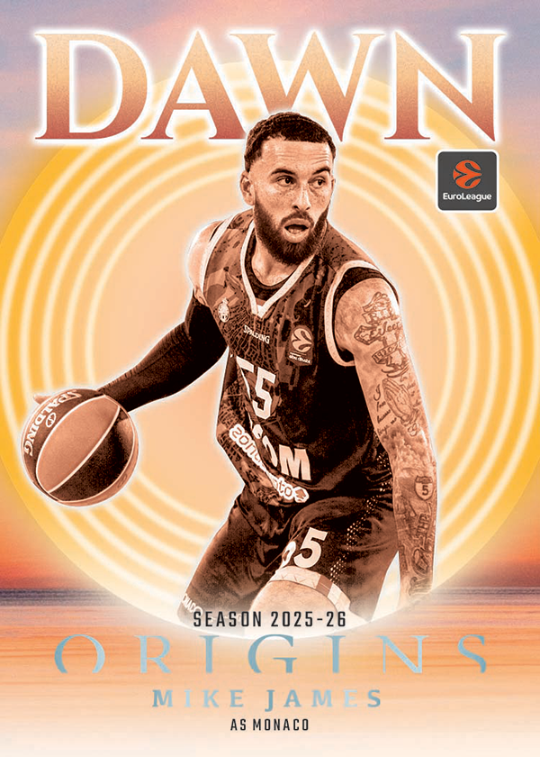 Mike James dribbling in an AS Monaco uniform on the warm orange Dawn insert design.