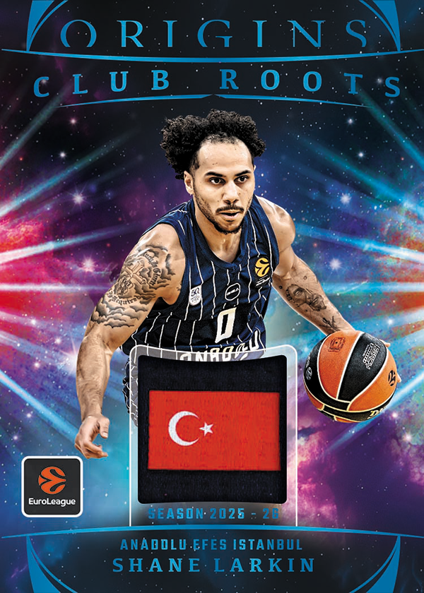Shane Larkin Club Roots card with a Turkish flag patch beneath his Anadolu Efes photograph.