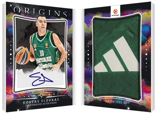 Kostas Sloukas Auto Booklet Patch with his autograph on the left and a large green fabric window with a white Adidas mark on the right.
