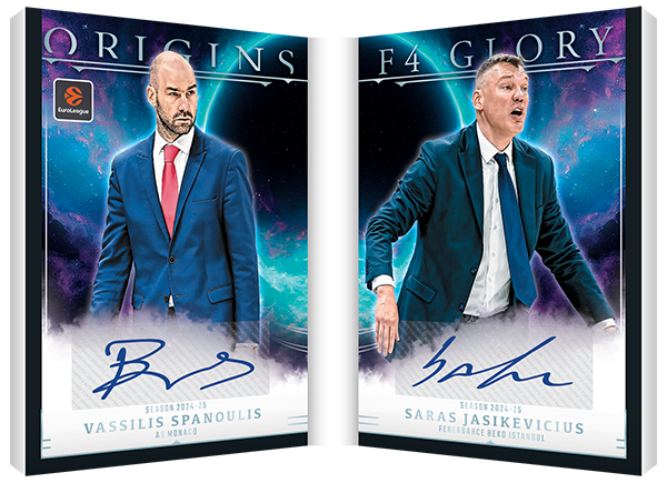 Vassilis Spanoulis and Saras Jasikevicius in suits on an open F4Glory autograph booklet.