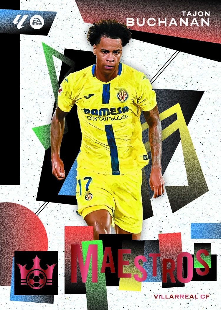 Tajon Buchanan in Villarreal yellow amid colorful geometric shapes and irregular Maestros lettering.