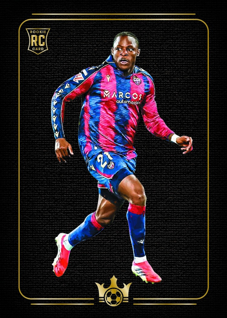 Karl Etta Eyong in Levante's red-and-blue kit on a black Blackout card with a fine gold border.