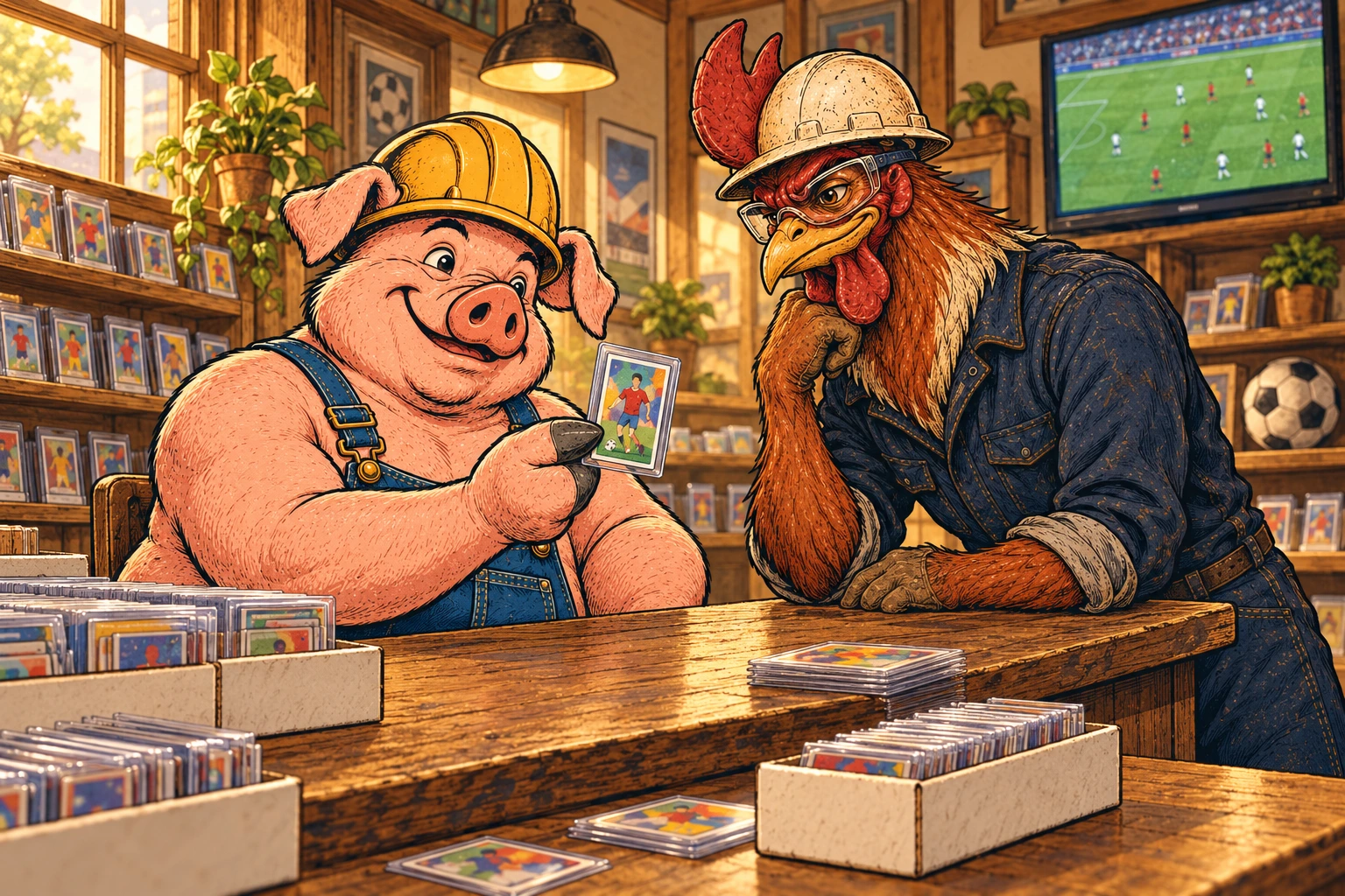 Hammy shows Riggs a sleeved soccer card across their wooden shop counter while a match plays in the background.