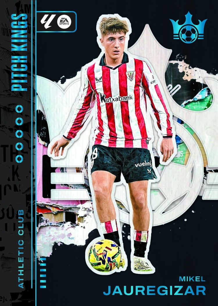 Mikel Jauregizar in Athletic Club stripes over torn-paper graphics and cyan lettering.