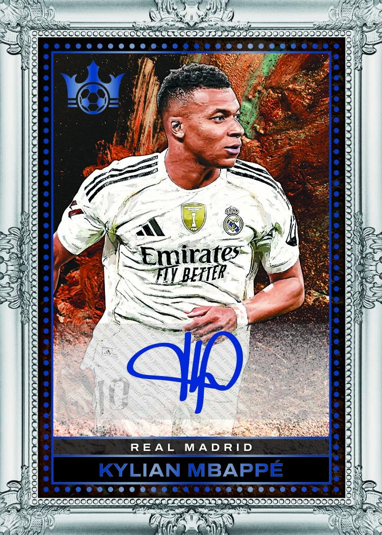 Kylian Mbappe in Real Madrid white inside an ornate silver-colored Legacy Portrait Signatures frame.