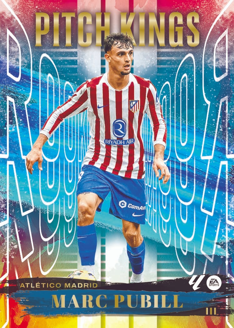 Marc Pubill in Atletico's striped kit against blue lettering and red-and-gold edges on his Rookies III card.